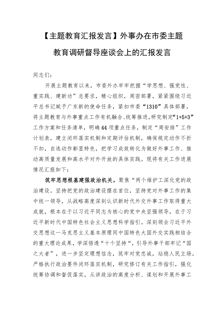 【主题教育汇报发言】外事办在市委主题教育调研督导座谈会上的汇报发言.docx_第1页