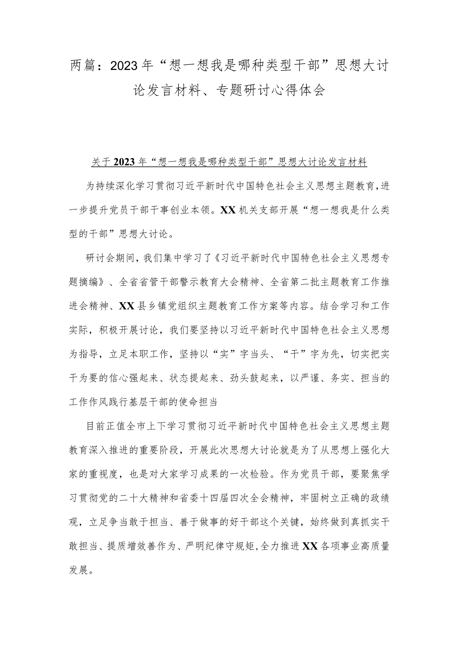 两篇：2023年“想一想我是哪种类型干部”思想大讨论发言材料、专题研讨心得体会.docx_第1页