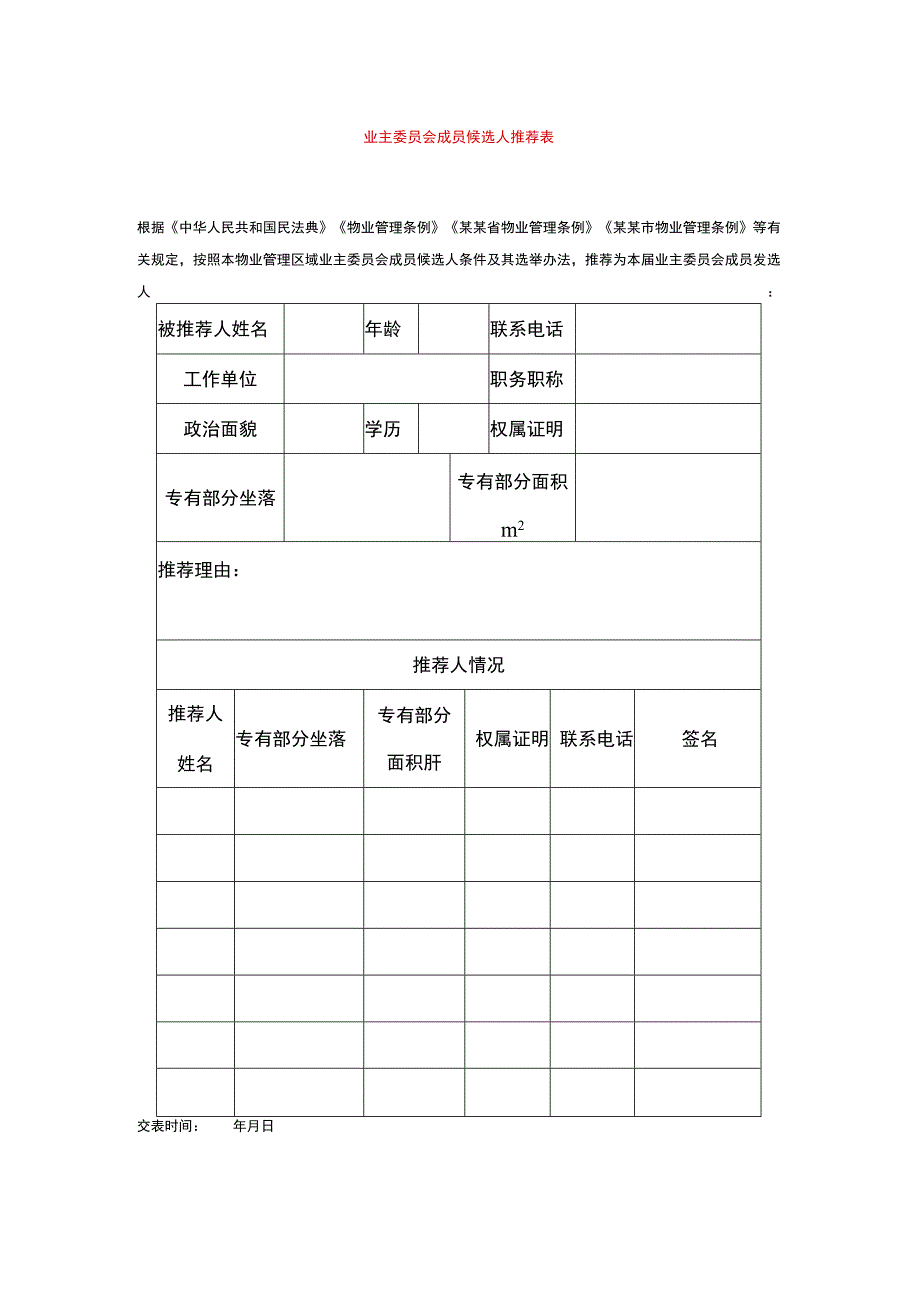 业主委员会成员候选人推荐表.docx_第1页