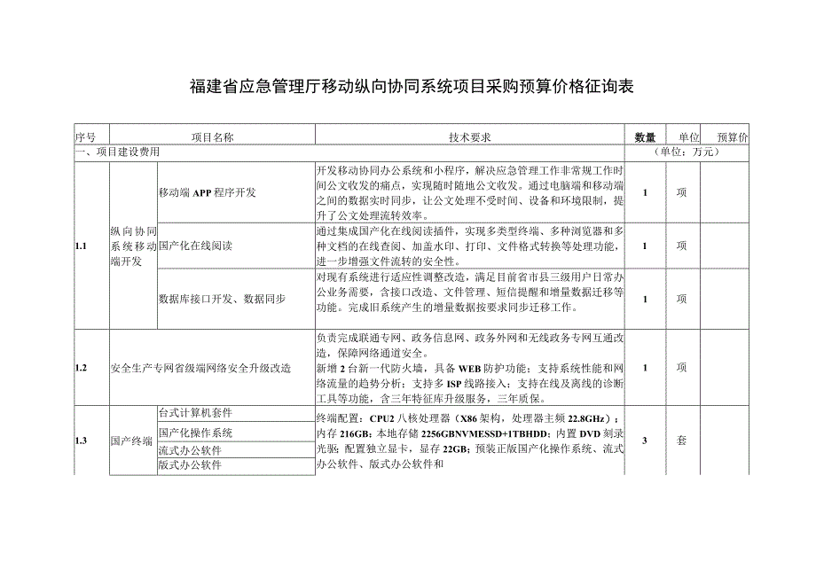 福建省应急管理厅移动纵向协同系统项目采购预算价格征询表.docx_第1页