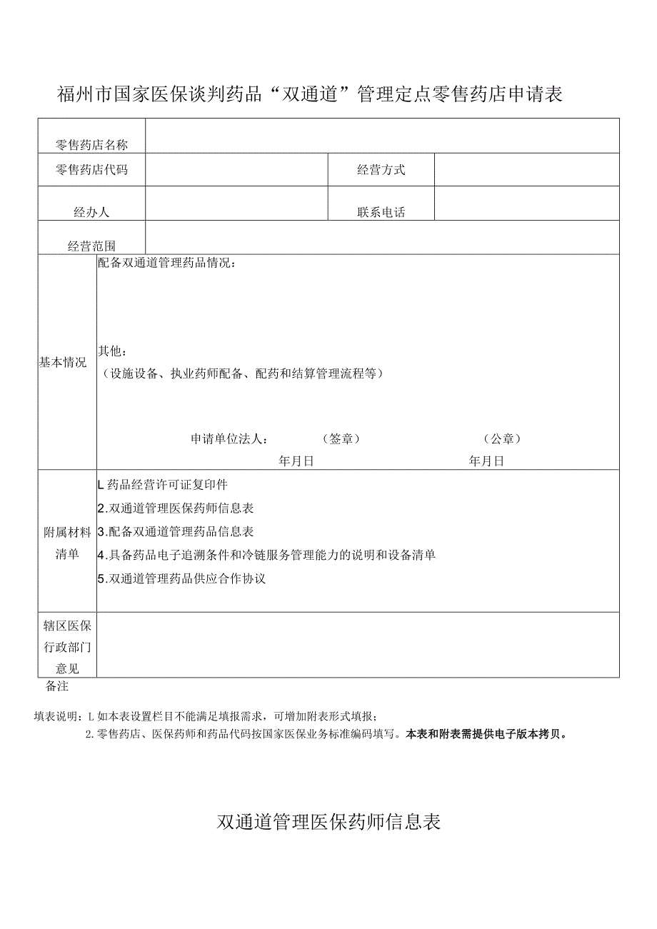 福州市国家医保谈判药品“双通道”管理定点零售药店申请表.docx_第1页