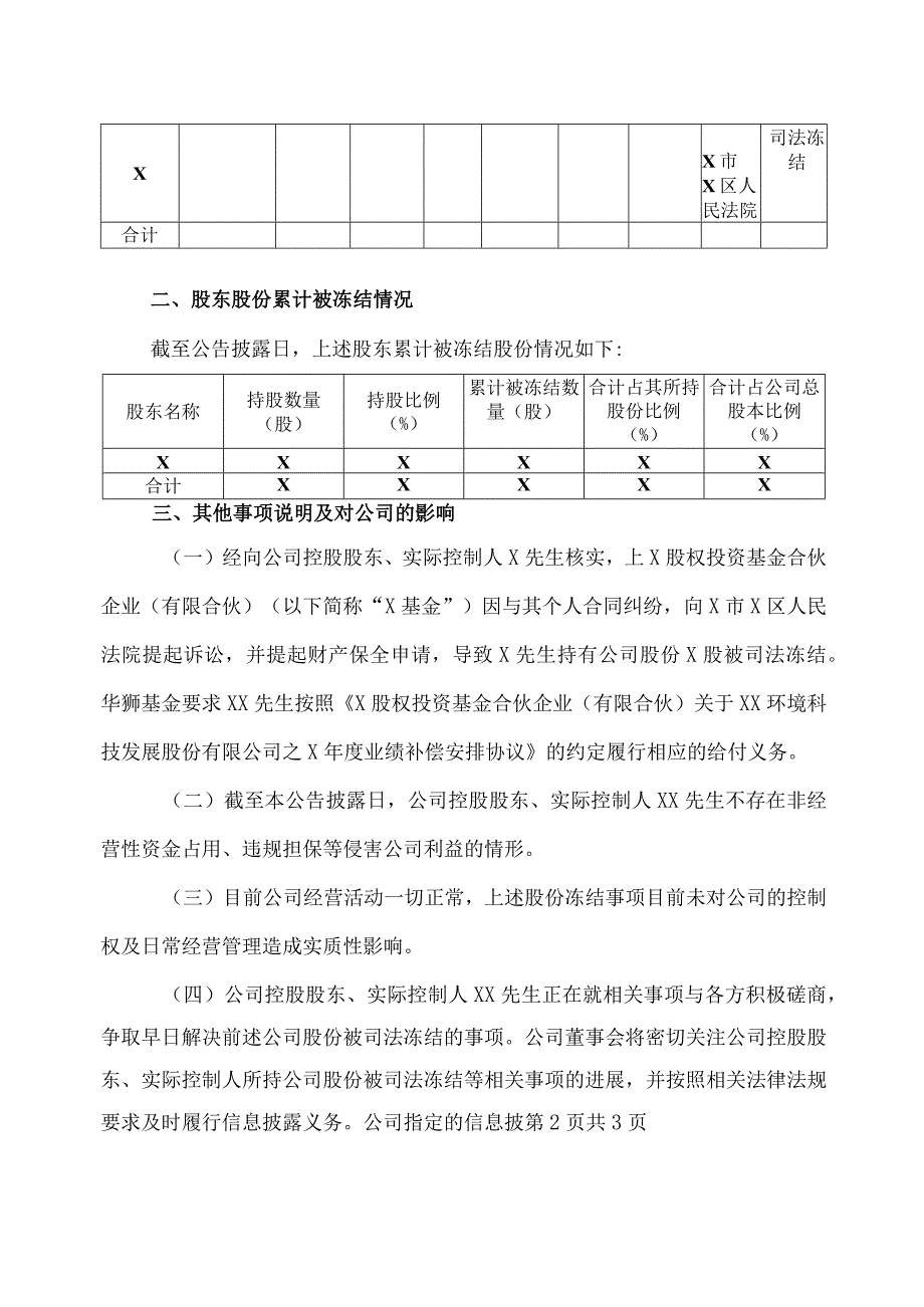 XX科技发展股份有限公司关于控股股东、实际控制人所持部分股份被司法冻结的公告.docx_第2页