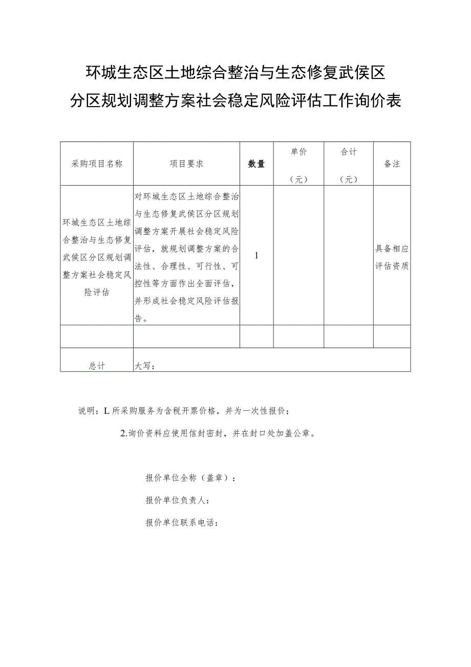 环城生态区土地综合整治与生态修复武侯区分区规划调整方案社会稳定风险评估工作询价表.docx_第1页