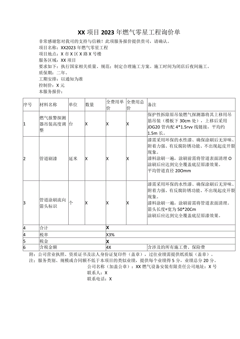 XX项目2023年燃气零星工程询价单（2023年）.docx_第1页