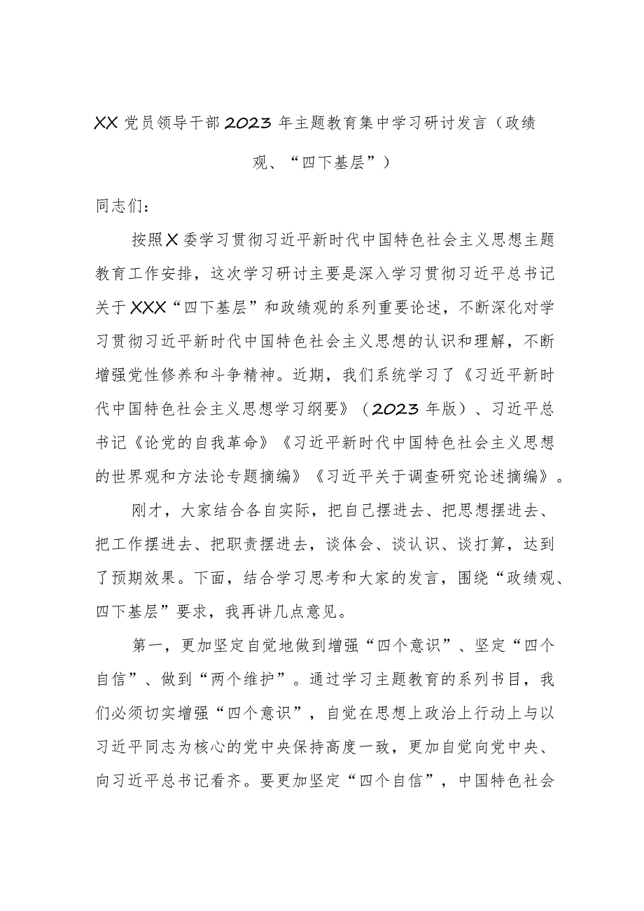 XX党员领导干部2023年主题教育集中学习研讨发言（政绩观、“四下基层”）.docx_第1页