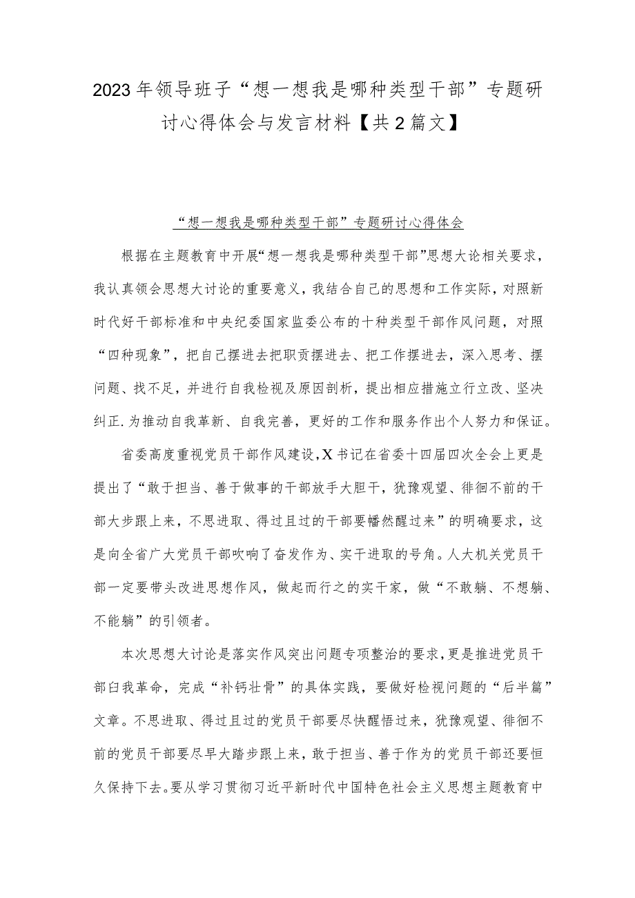 2023年领导班子“想一想我是哪种类型干部”专题研讨心得体会与发言材料【共2篇文】.docx_第1页