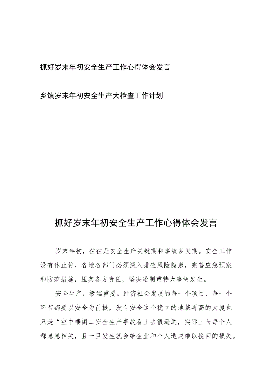 抓好岁末年初安全生产工作心得体会发言、乡镇岁末年初安全生产大检查工作计划.docx_第1页