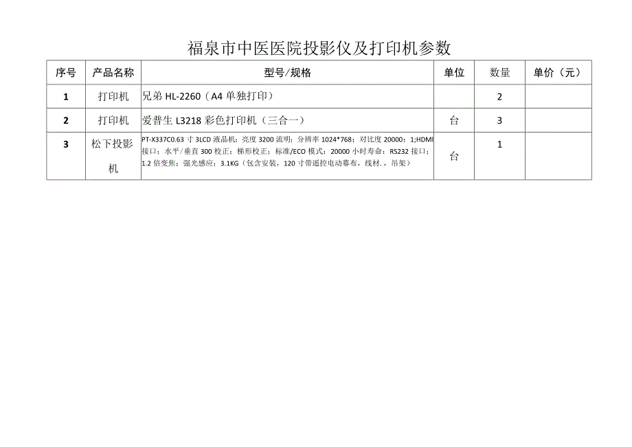 福泉市中医医院投影仪及打印机参数.docx_第1页