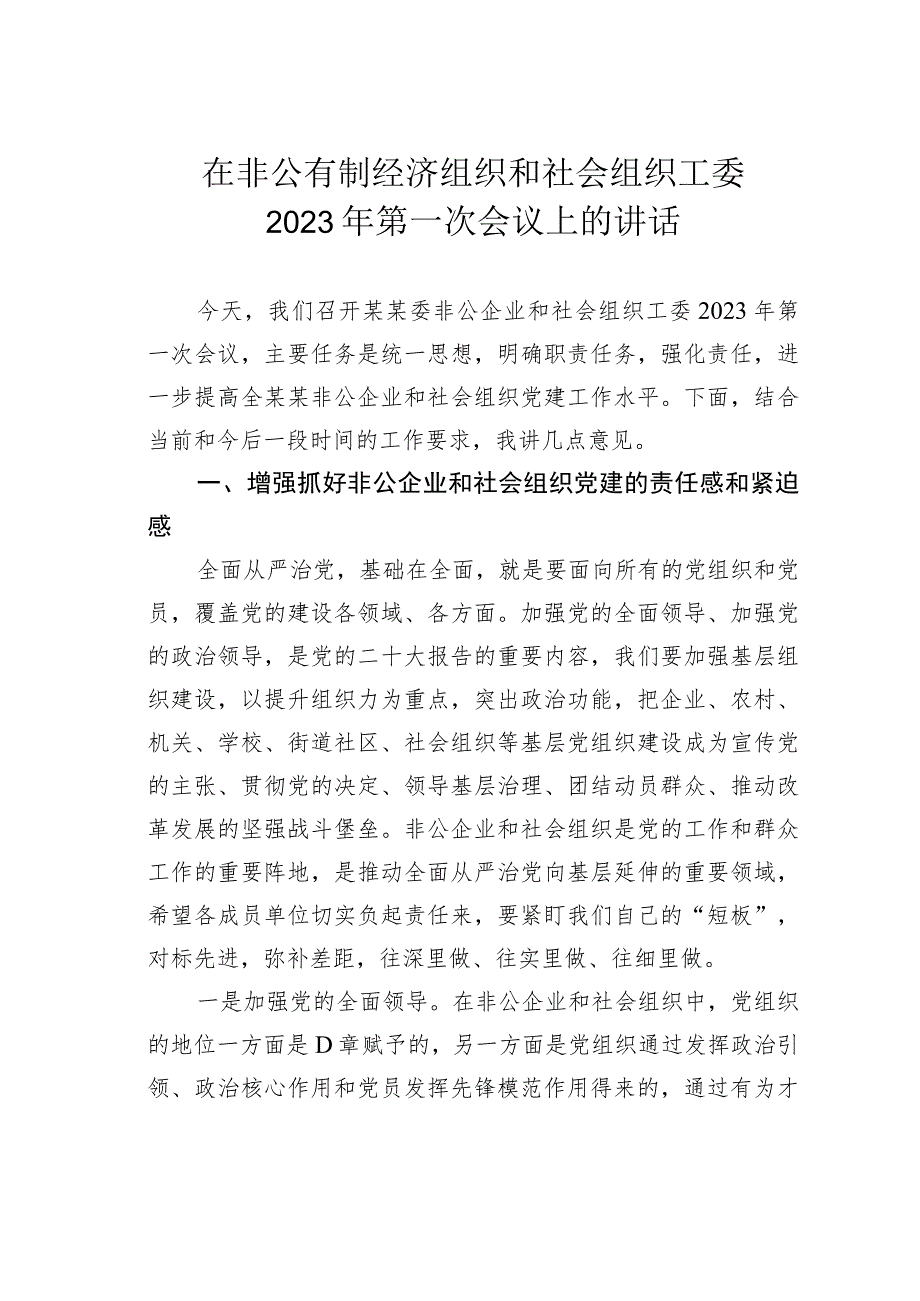 在非公有制经济组织和社会组织工委2023年第一次会议上的讲话.docx_第1页