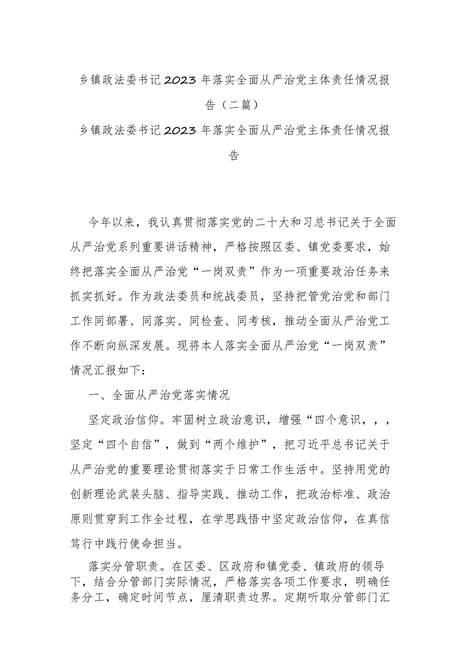 乡镇政法委书记2023年落实全面从严治党主体责任情况报告.docx_第1页