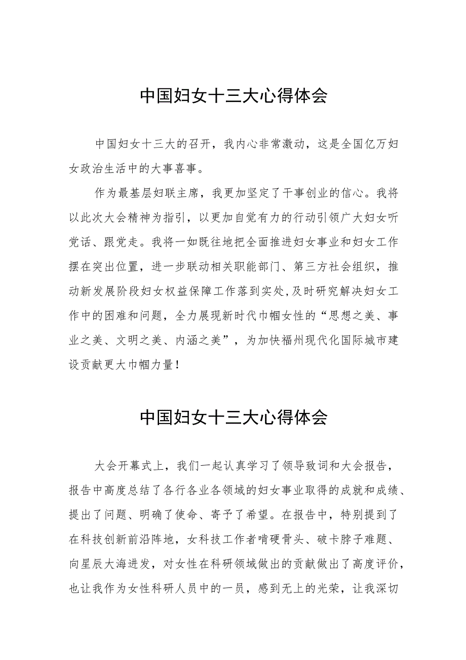 十四篇妇联主席学习中国妇女第十三次全国代表大会精神心得体会.docx_第1页