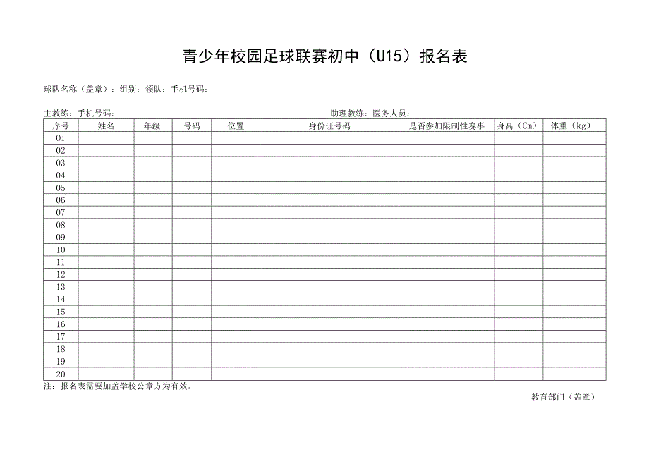 青少年校园足球联赛初中（U15）报名表.docx_第1页