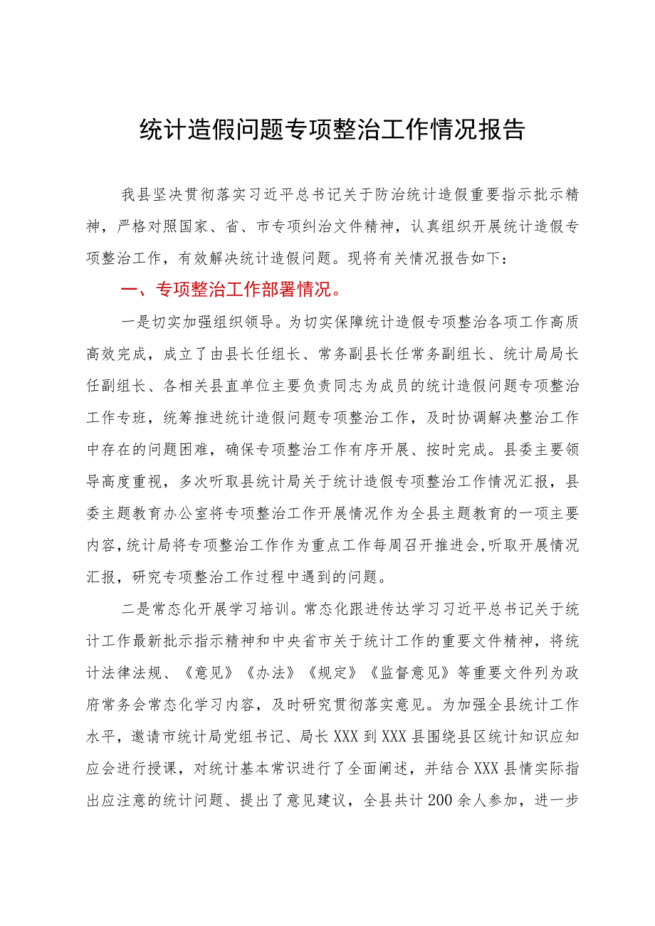 统计造假问题专项整治工作情况报告.docx_第1页