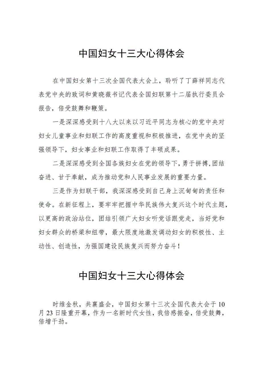 2023年妇女干部学习中国妇女第十三次全国代表大会精神心得体会八篇.docx_第1页