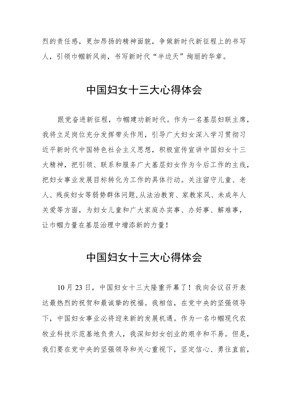 2023年妇女干部学习中国妇女第十三次全国代表大会精神心得体会八篇.docx_第3页