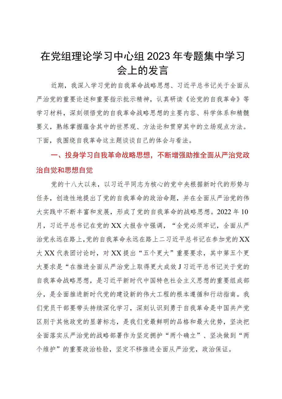 在党组理论学习中心组2023年专题集中学习会上的发言.docx_第1页