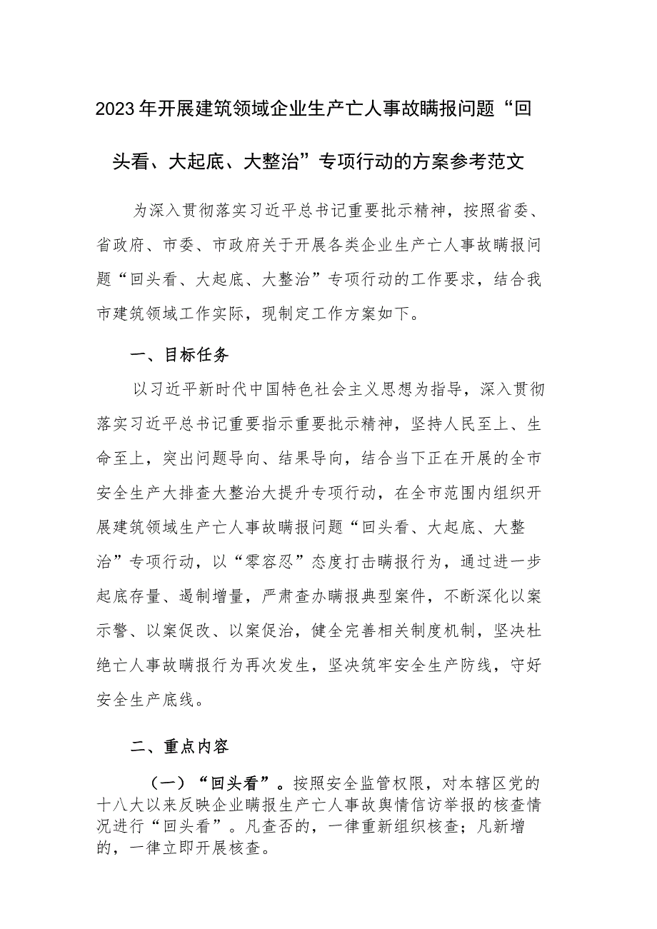 2023年开展建筑领域企业生产亡人事故瞒报问题“回头看、大起底、大整治”专项行动的方案参考范文.docx_第1页