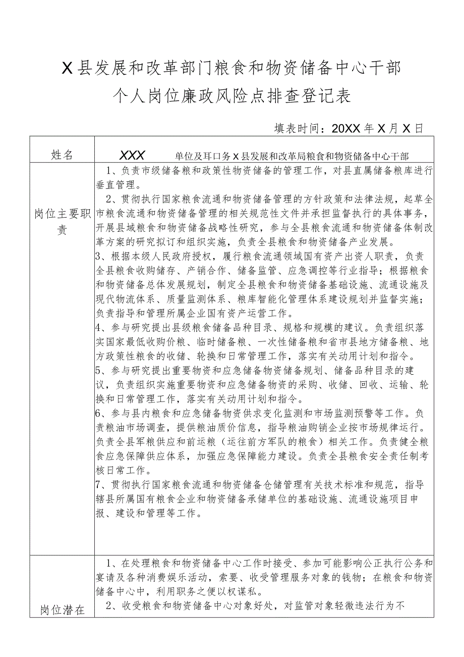 某县发展和改革部门粮食和物资储备中心干部个人岗位廉政风险点排查登记表.docx_第1页