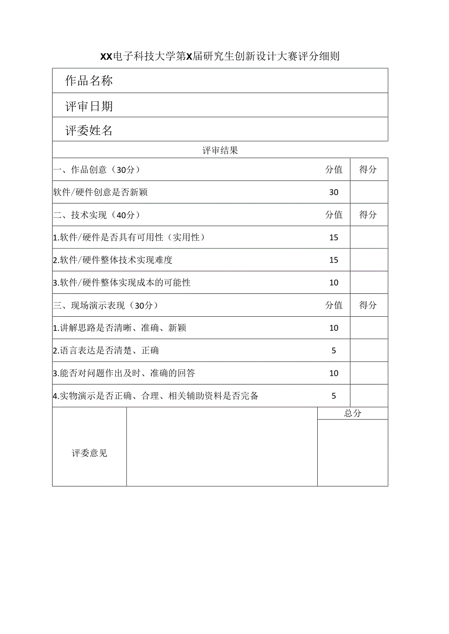 XX电子科技大学第X届研究生创新设计大赛评分细则.docx_第1页