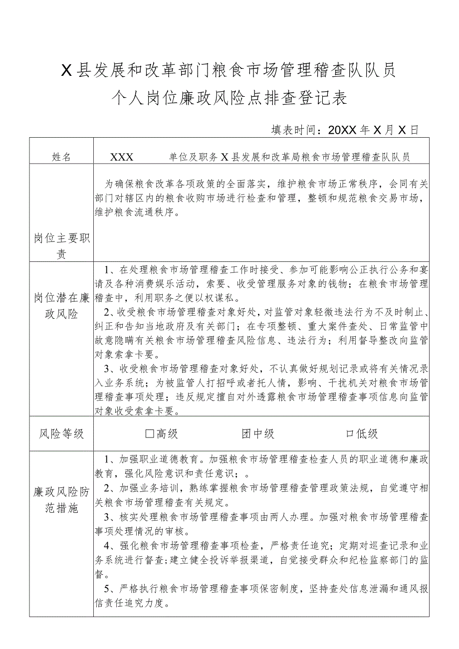 某县发展和改革部门粮食市场管理稽查队队员个人岗位廉政风险点排查登记表.docx_第1页