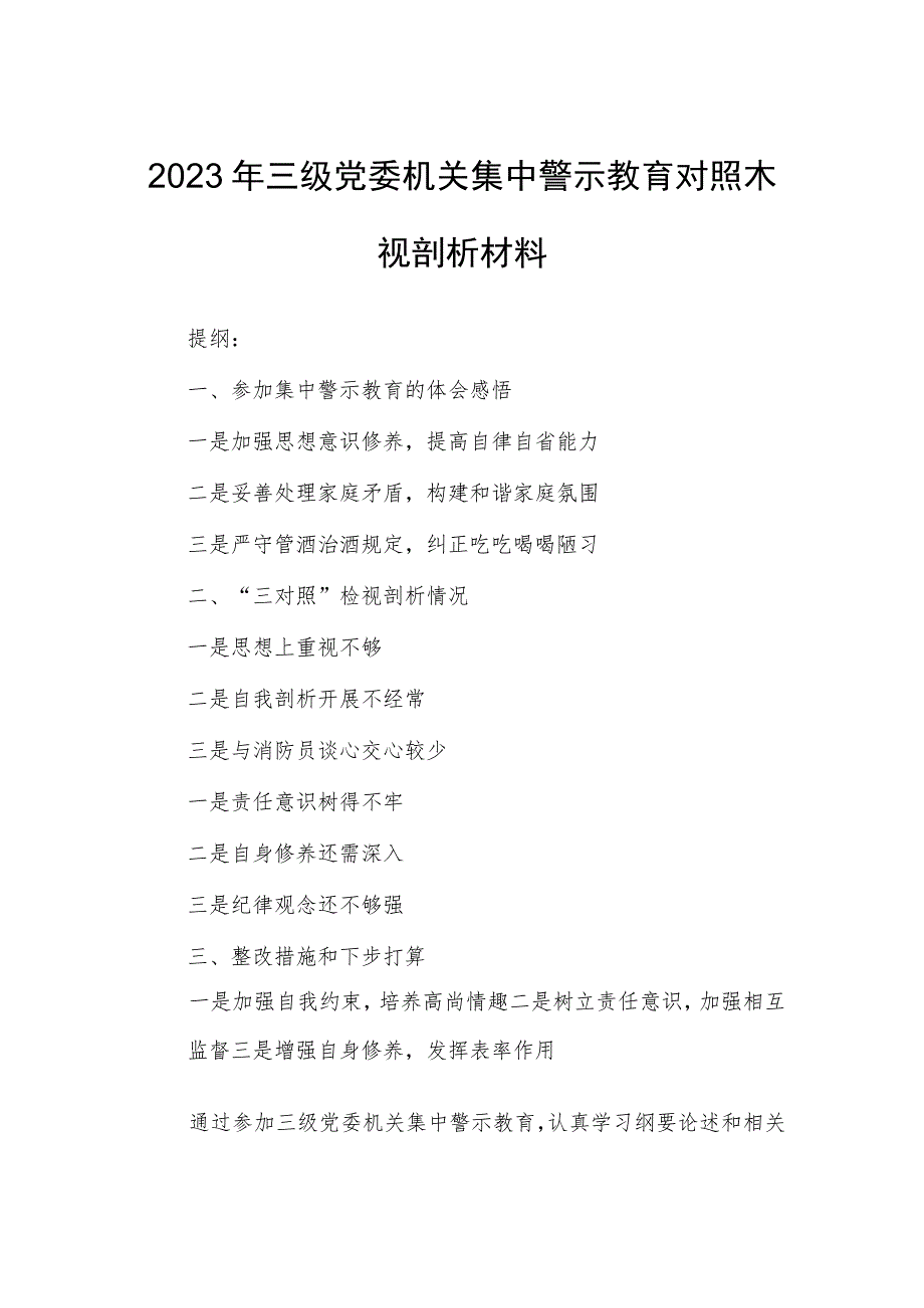 2023年三级党委机关集中警示教育对照检视剖析材料.docx_第1页