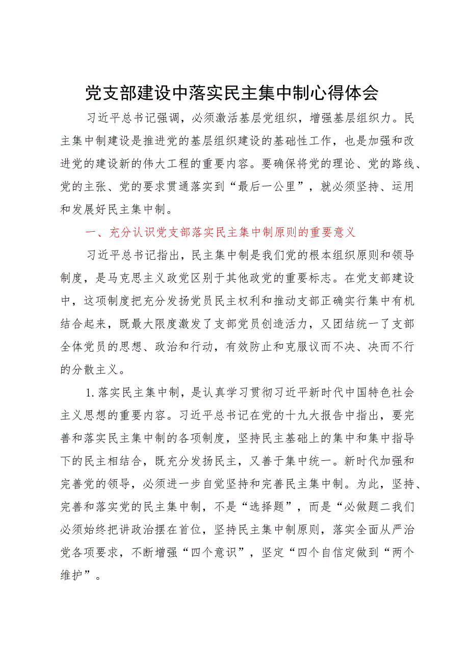 党支部建设中落实民主集中制心得体会.docx_第1页