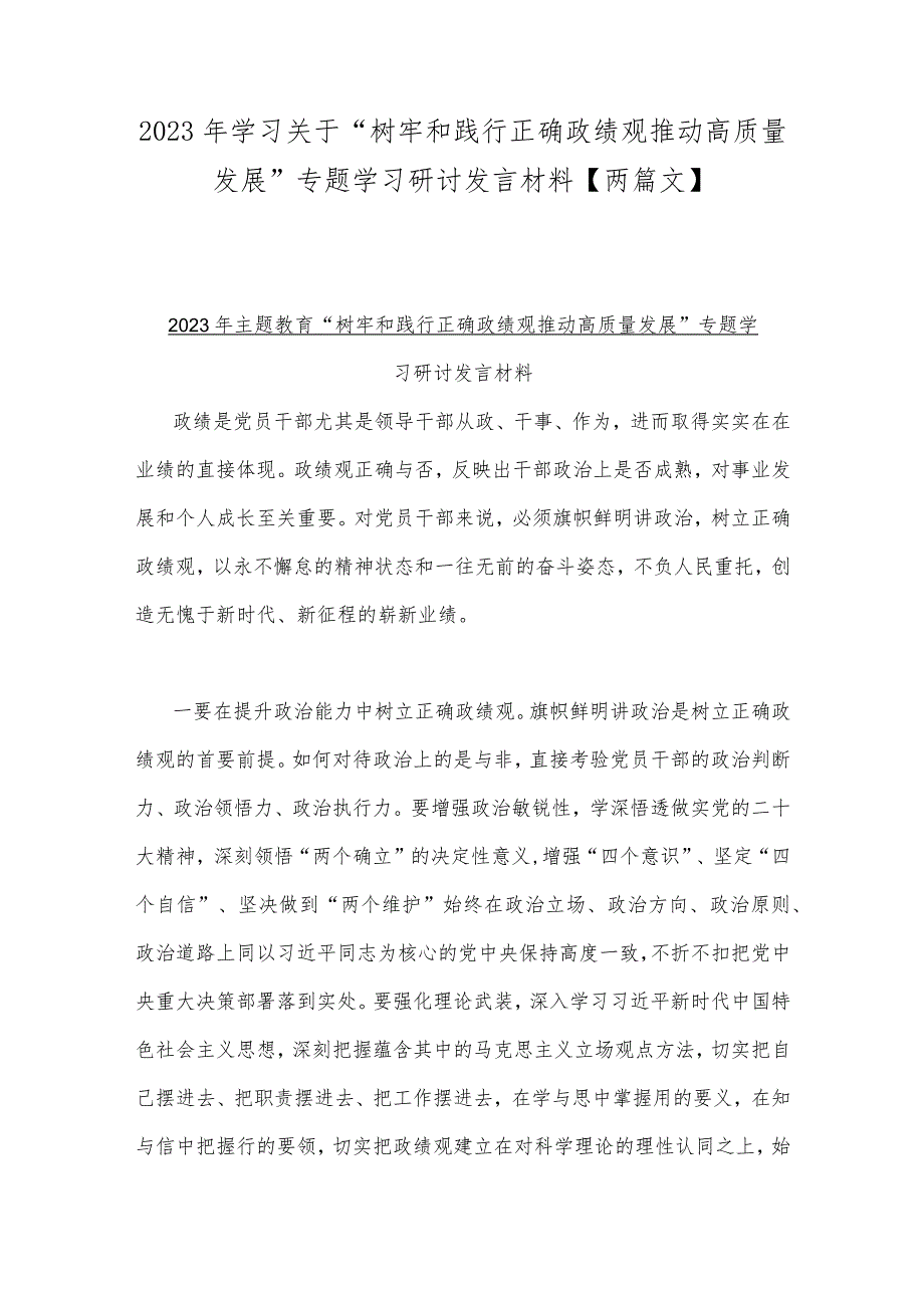 2023年学习关于“树牢和践行正确政绩观推动高质量发展”专题学习研讨发言材料【两篇文】.docx_第1页