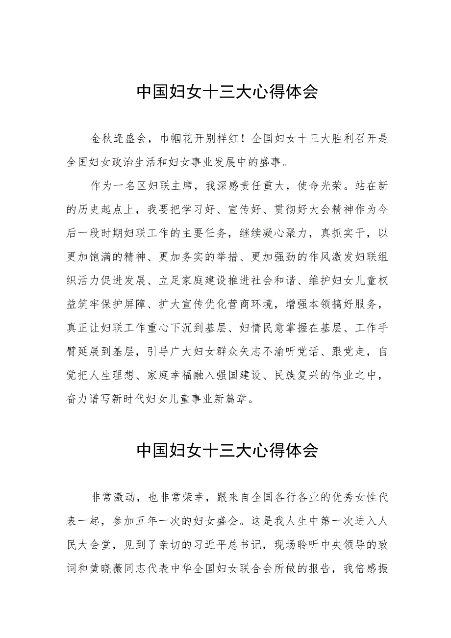 妇联学习中国妇女第十三次全国代表大会精神心得体会八篇.docx_第1页