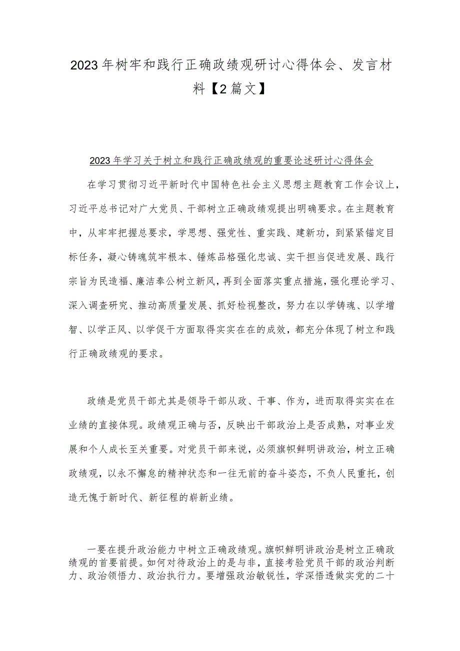 2023年树牢和践行正确政绩观研讨心得体会、发言材料【2篇文】.docx_第1页