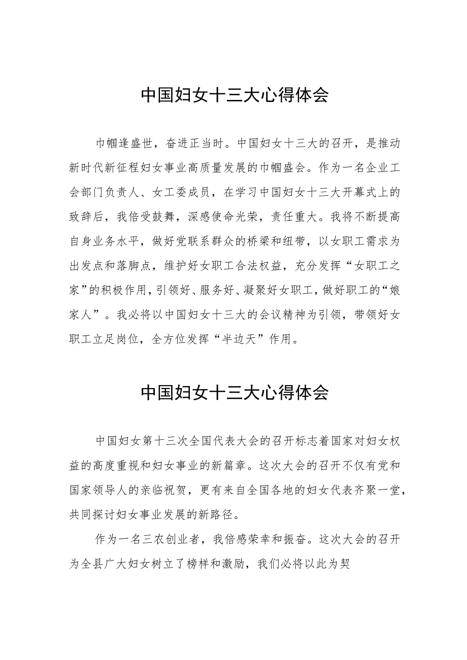 2023年妇女干部学习中国妇女第十三次全国代表大会精神的心得感悟（十一篇）.docx_第1页