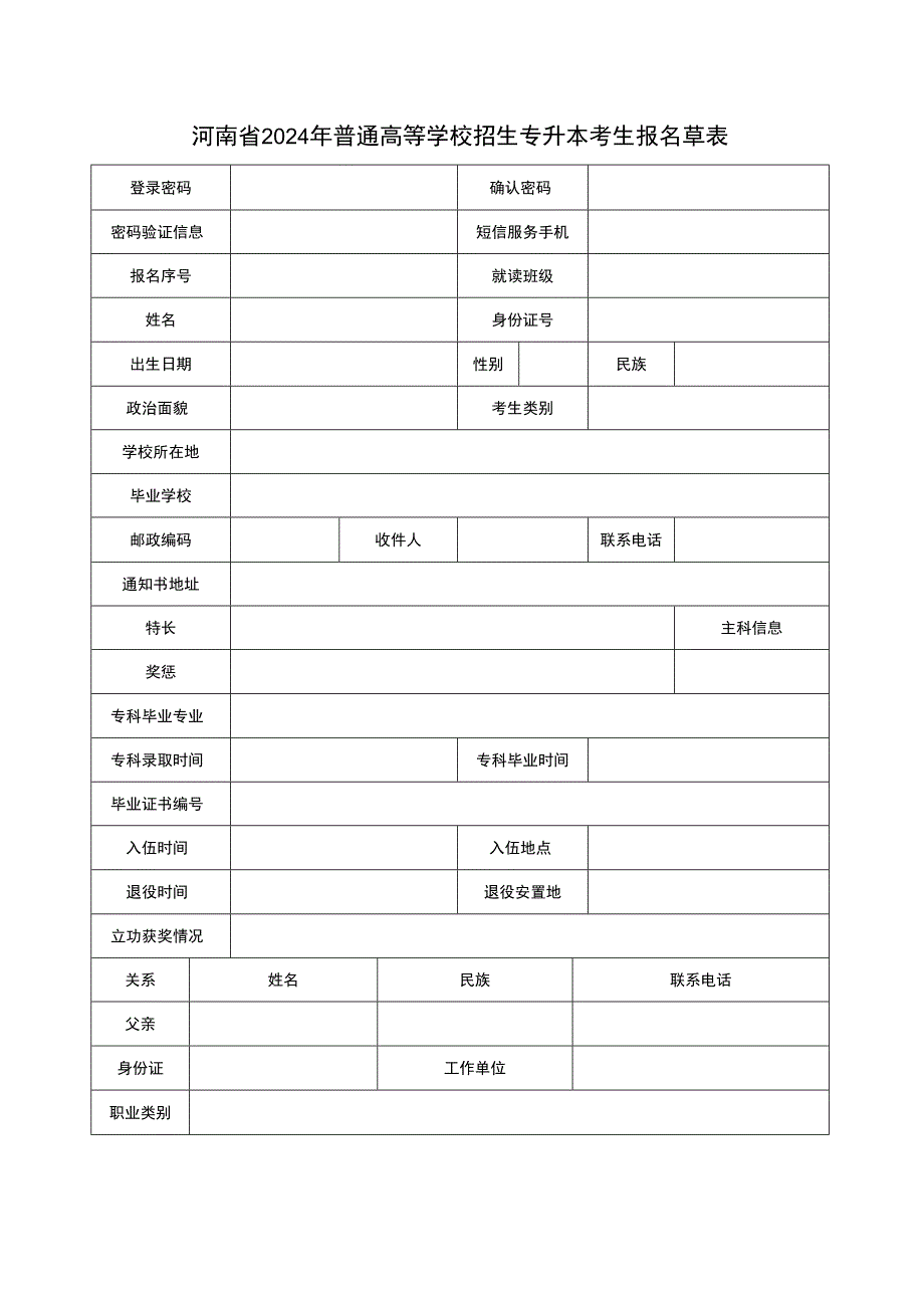 河南省2024年普通高等学校招生专升本考生报名草表.docx_第1页