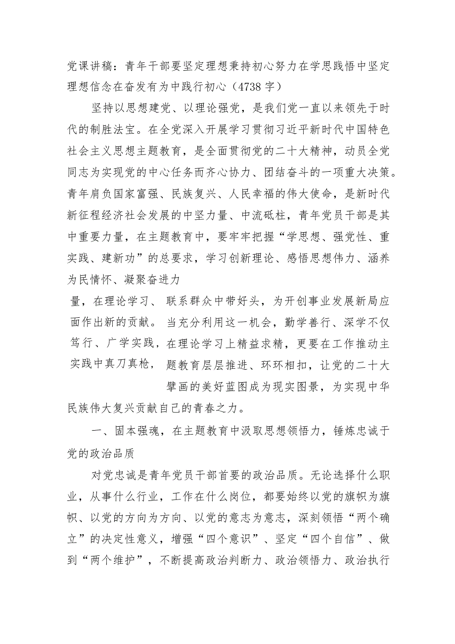 党课讲稿：青年干部要坚定理想秉持初心努力在学思践悟中坚定理想信念在奋发有为中践行初心.docx_第1页