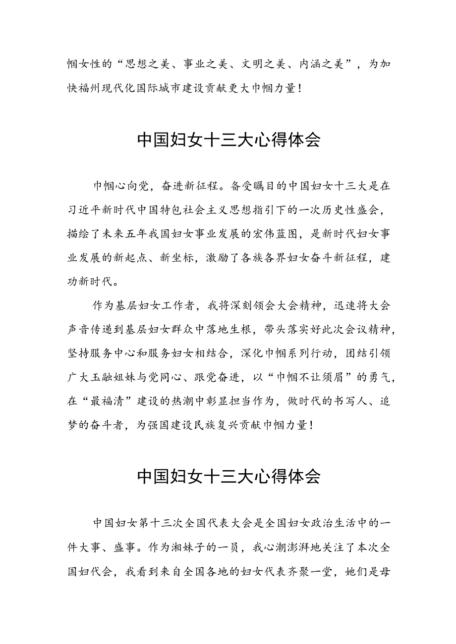 妇女干部学习中国妇女第十三次全国代表大会精神心得体会简短发言十七篇.docx_第2页