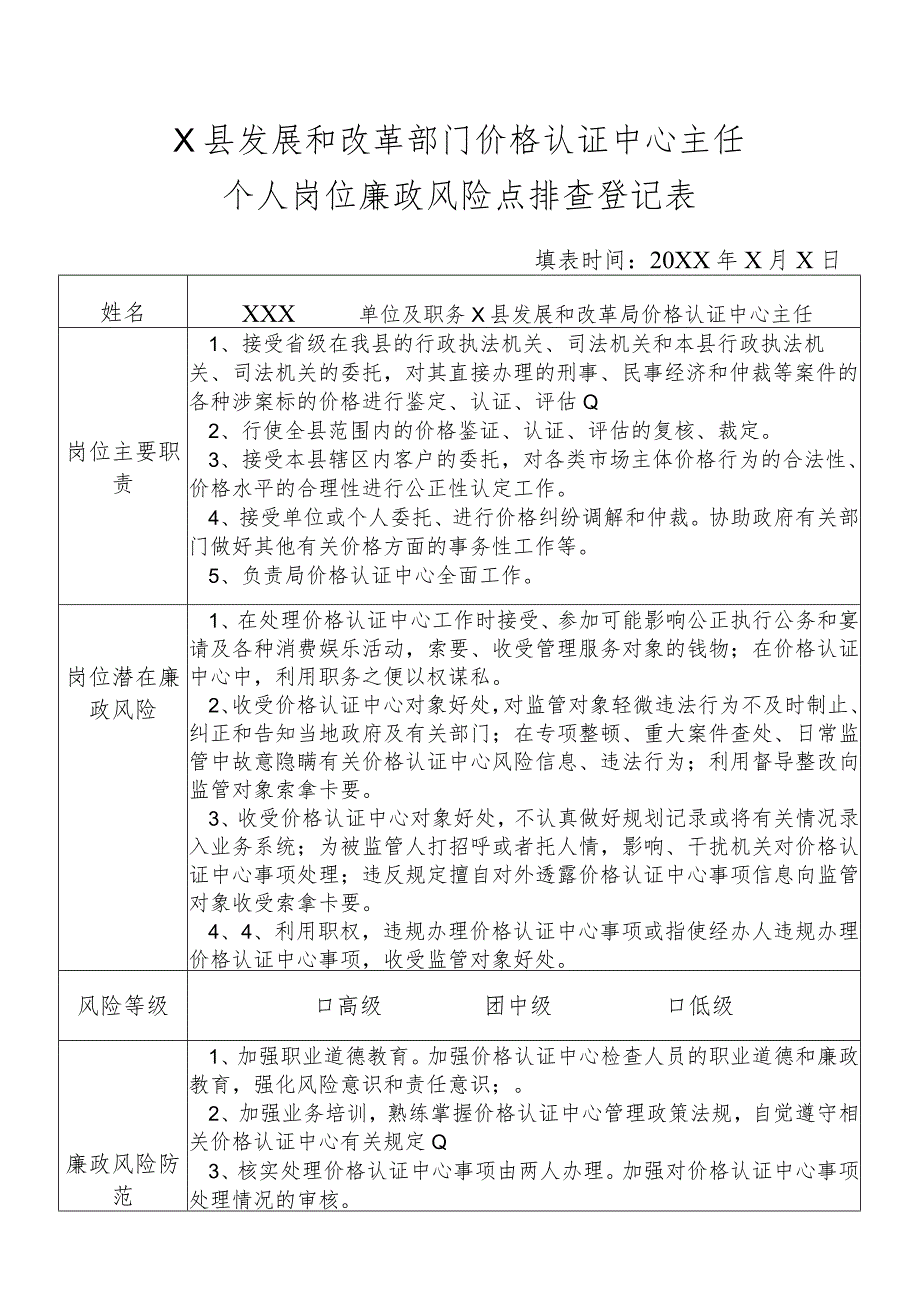 某县发展和改革部门价格认证中心主任个人岗位廉政风险点排查登记表.docx_第1页