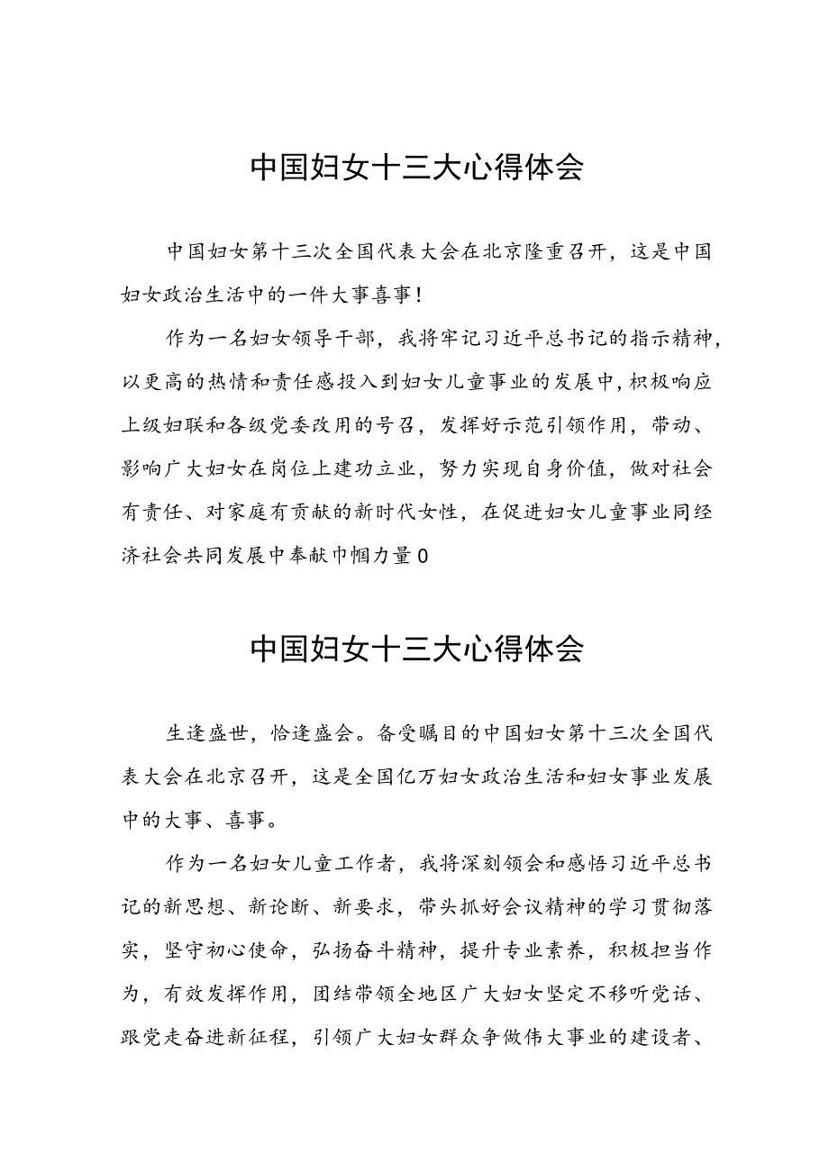 妇女干部学习中国妇女第十三次全国代表大会精神的心得感悟十七篇.docx_第1页