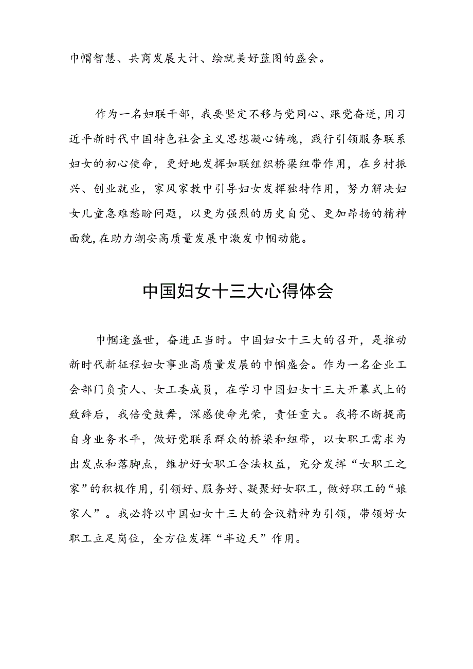 妇女干部学习中国妇女第十三次全国代表大会精神的心得感悟十七篇.docx_第3页