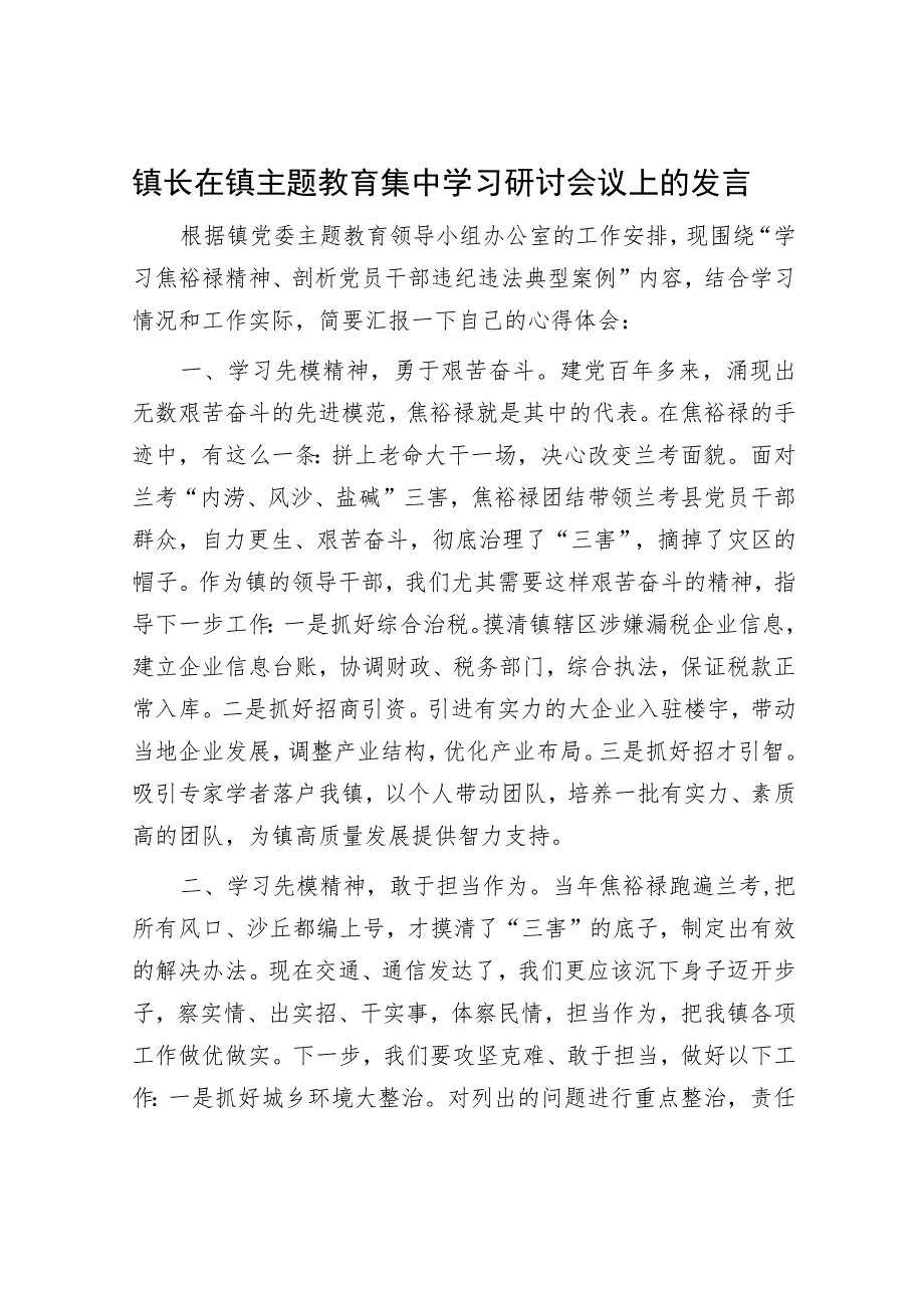 镇长在镇主题教育集中学习研讨会议上的发言.docx_第1页