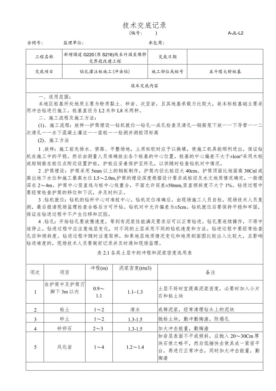 钻孔灌注桩施工（冲击钻）技术交底记录.docx_第1页