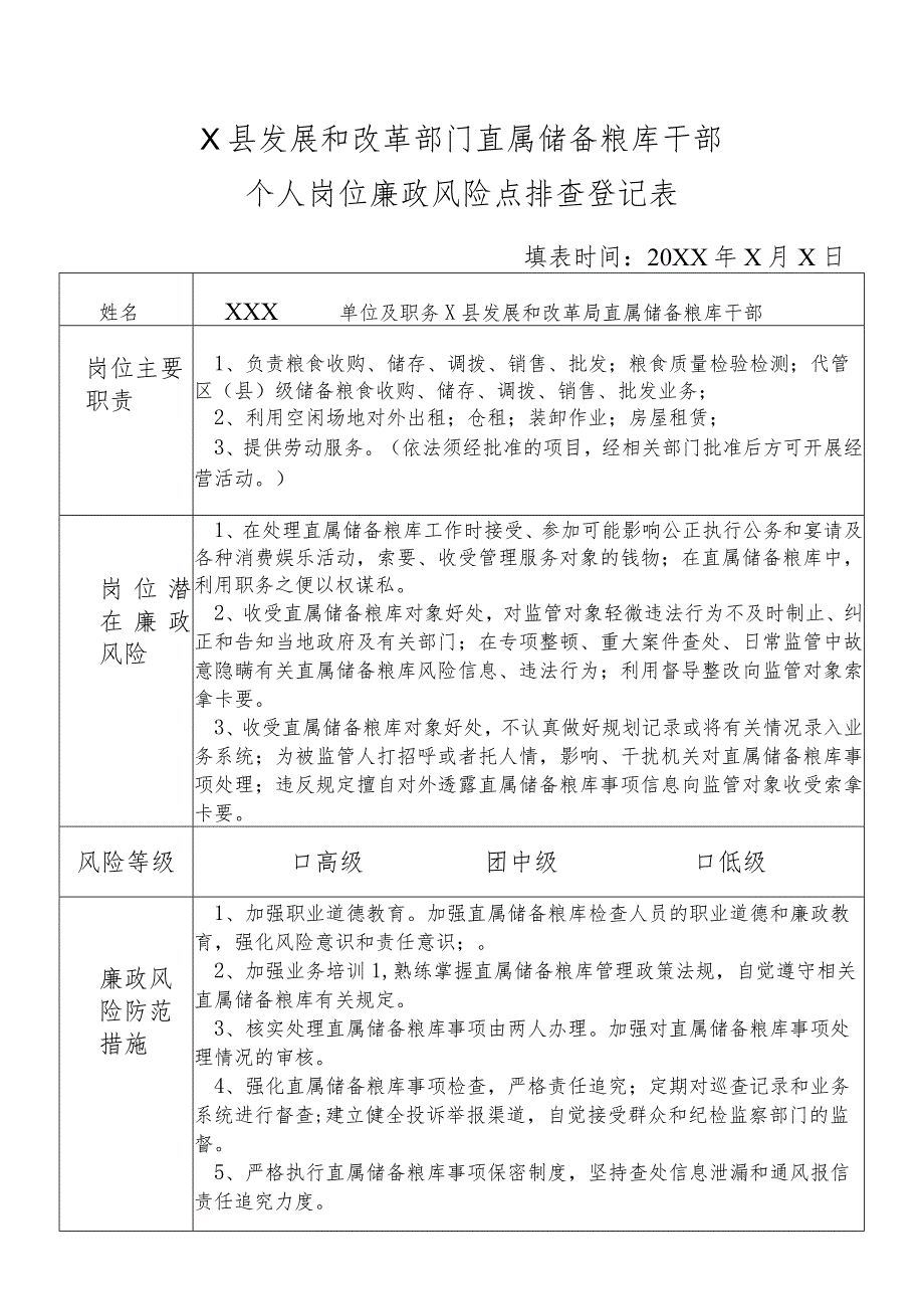 某县发展和改革部门直属储备粮库干部个人岗位廉政风险点排查登记表.docx_第1页