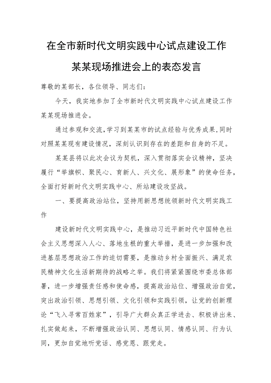 在全市新时代文明实践中心试点建设工作某某现场推进会上的表态发言.docx_第1页