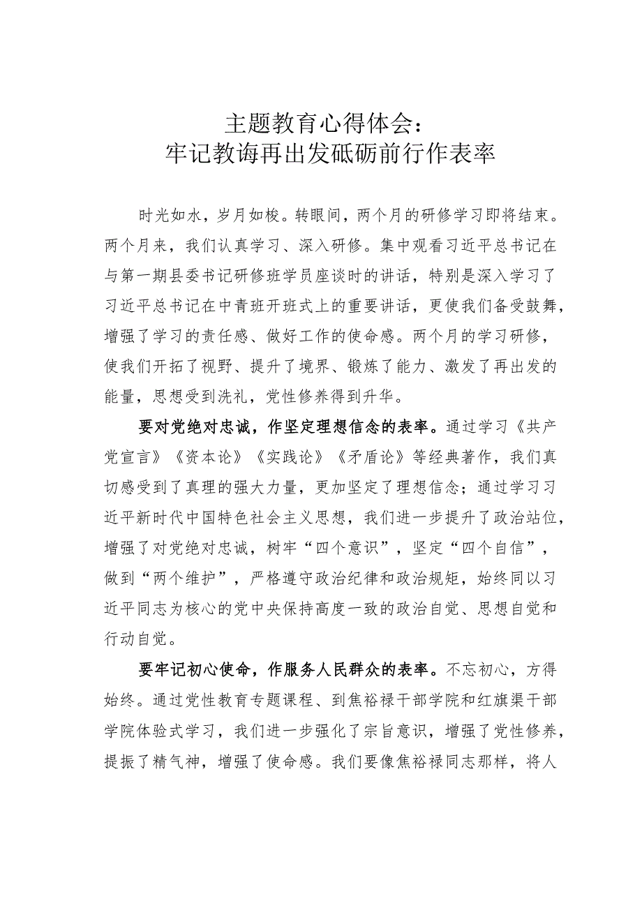 主题教育心得体会：牢记教诲再出发砥砺前行作表率.docx_第1页