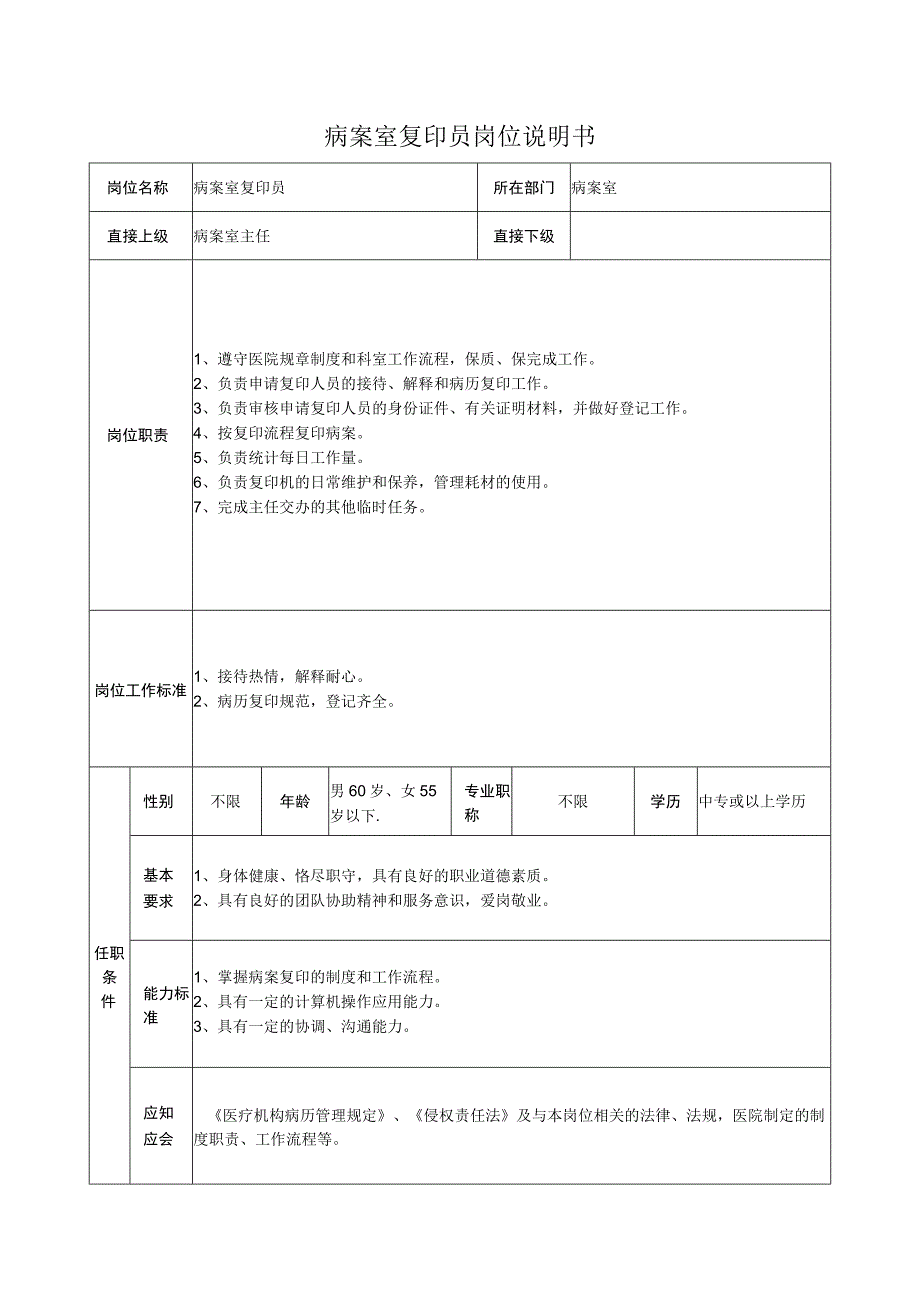 病案室复印员岗位说明书.docx_第1页