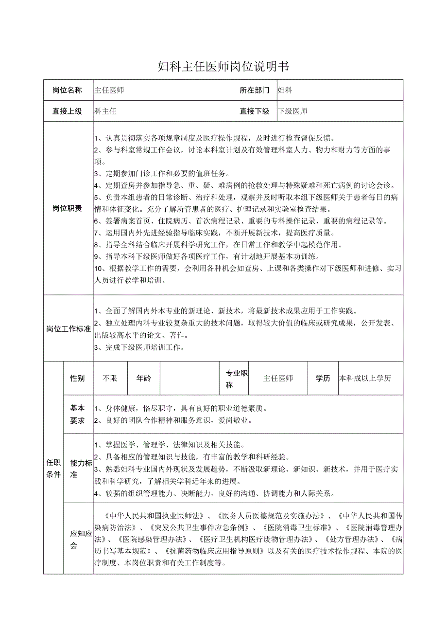 妇科主任医师岗位说明书.docx_第1页