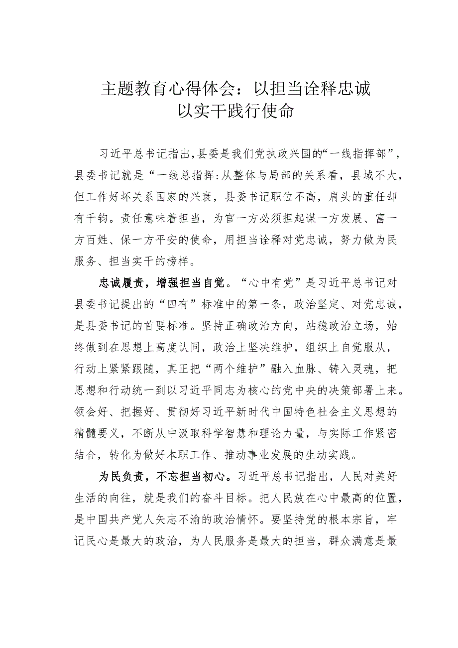 主题教育心得体会：以担当诠释忠诚以实干践行使命.docx_第1页