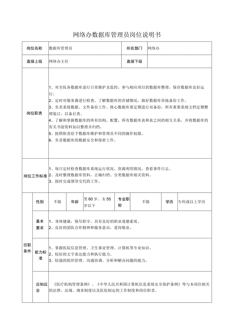 网络办数据库管理员岗位说明书.docx_第1页