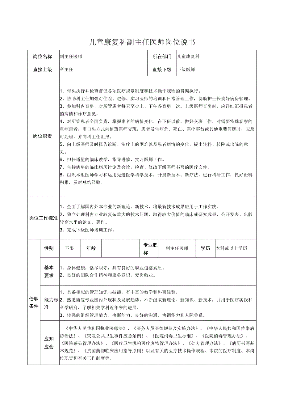 儿童康复科副主任医师岗位说书.docx_第1页