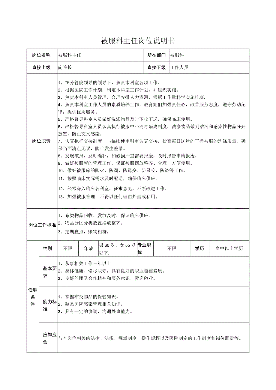 被服科主任岗位说明书.docx_第1页