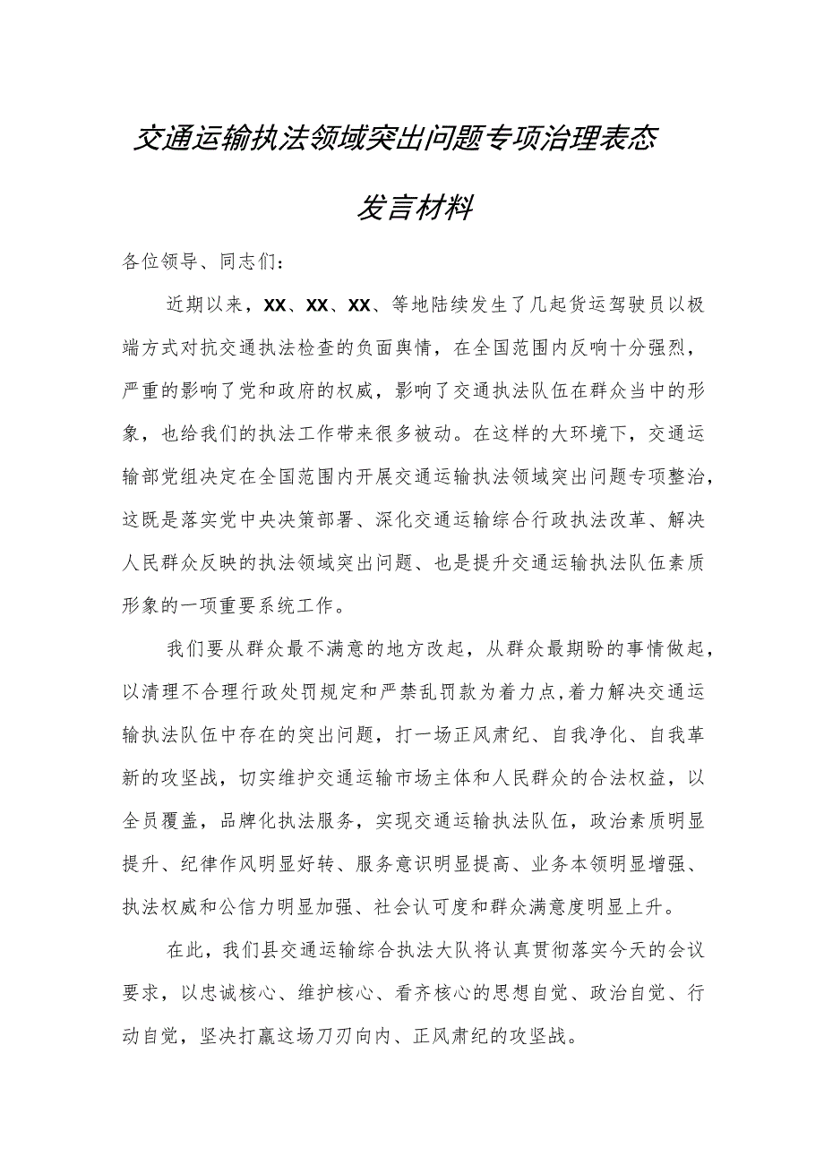 交通运输执法领域突出问题专项治理表态发言材料.docx_第1页