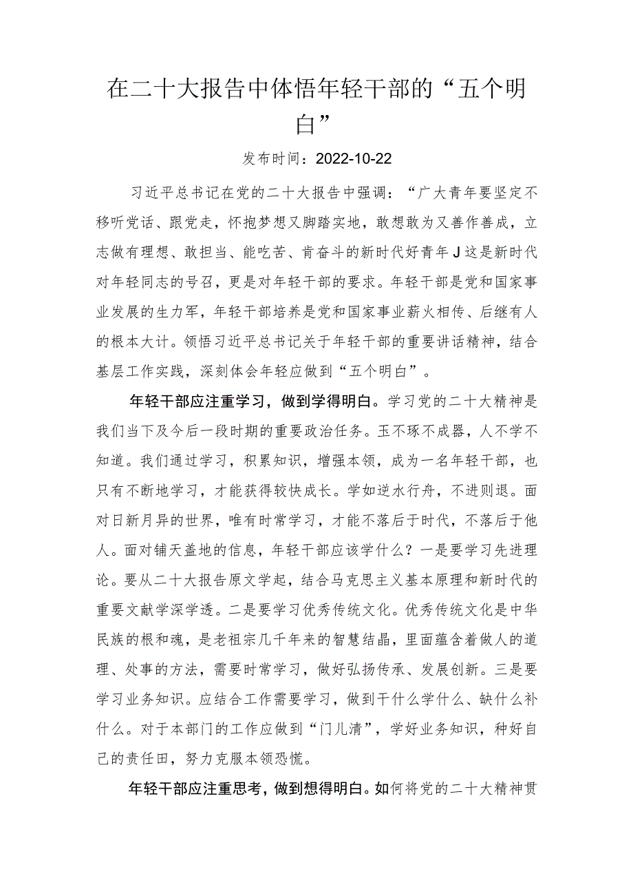 二十大学习心得：在二十大报告中体悟年轻干部的“五个明白”.docx_第1页