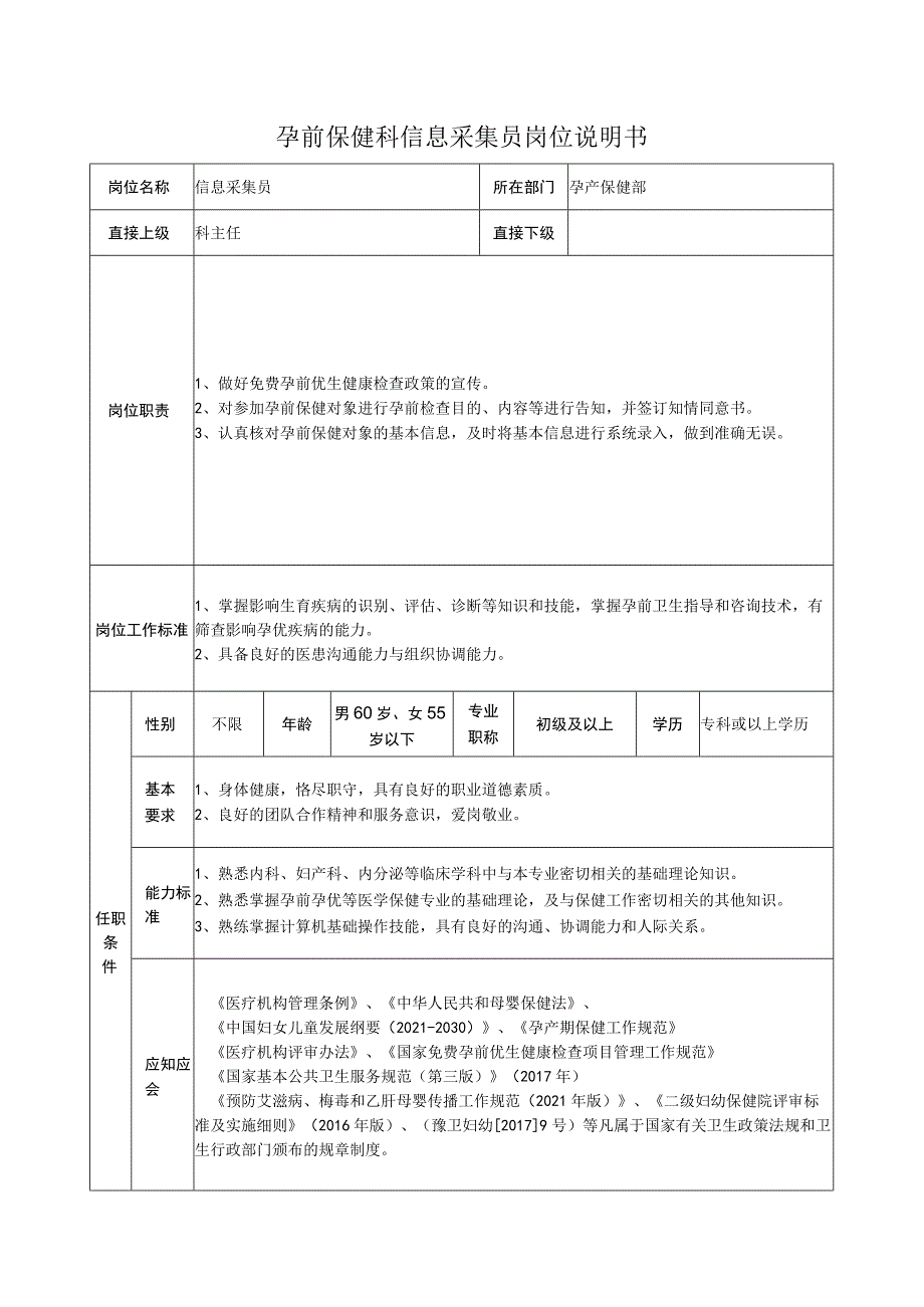 孕前保健科信息采集员岗位说明书.docx_第1页